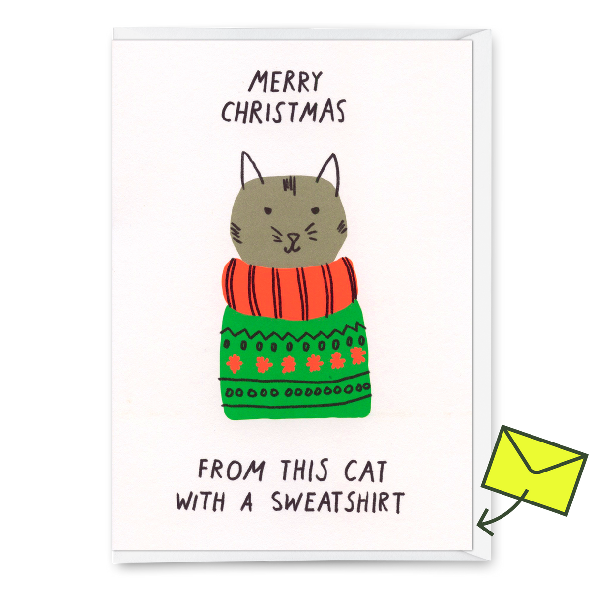 Grußkarte "Cat with Sweatshirt" | Schöne Klappkarte mit Katzen-Motiv zu Weihnachten