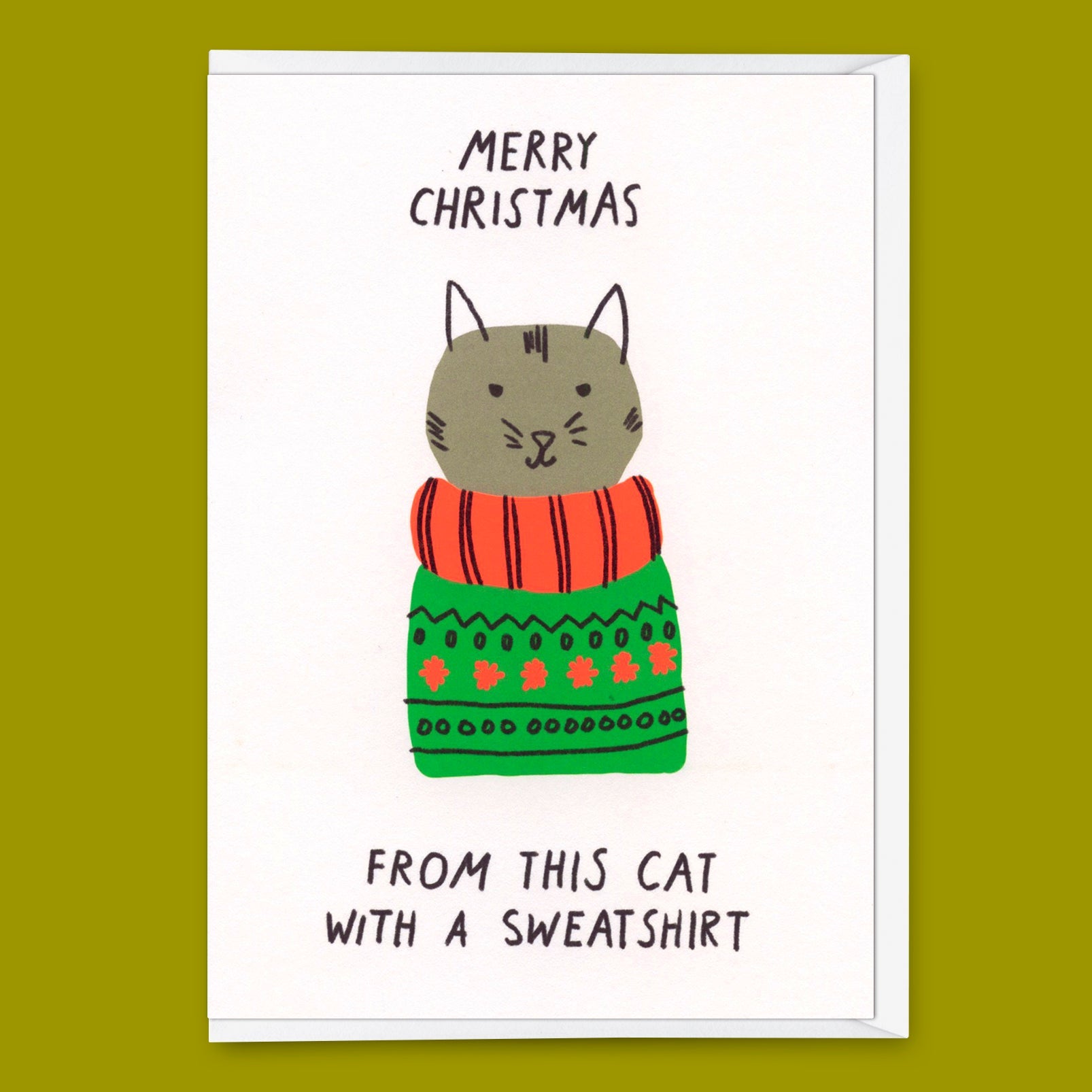 Grußkarte "Cat with Sweatshirt" | Schöne Klappkarte mit Katzen-Motiv zu Weihnachten